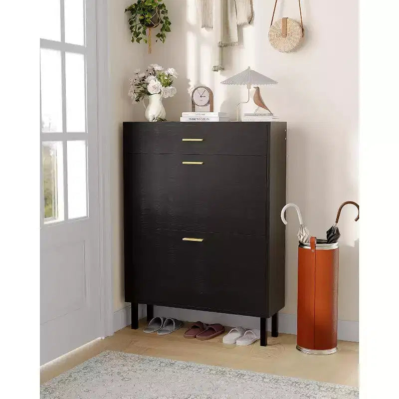Garvee Narrow Shoe Cabinet Storage for Entryway, Dual Flip Drawers, Freestanding Shoe Organizer Wooden, Shoe Rack Storage Adjustable Shelves