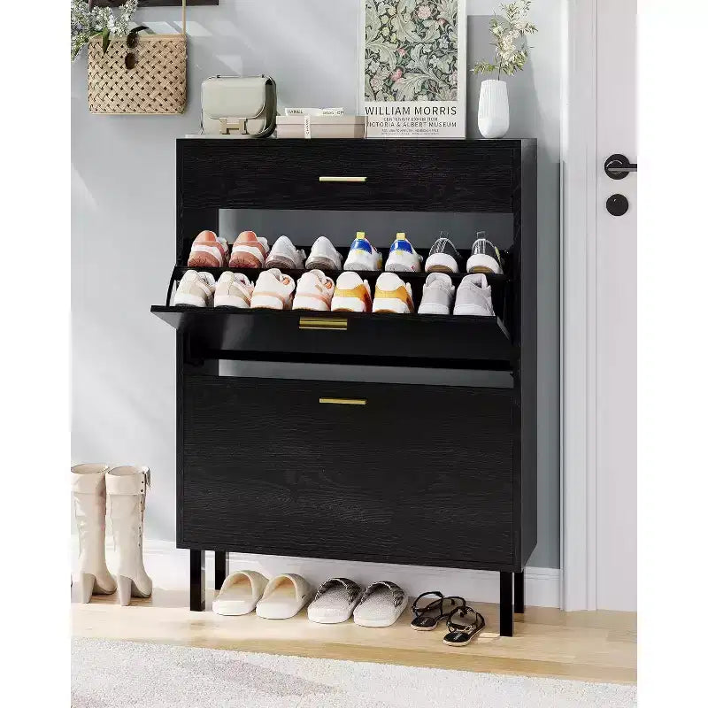 Garvee Narrow Shoe Cabinet Storage for Entryway, Dual Flip Drawers, Freestanding Shoe Organizer Wooden, Shoe Rack Storage Adjustable Shelves