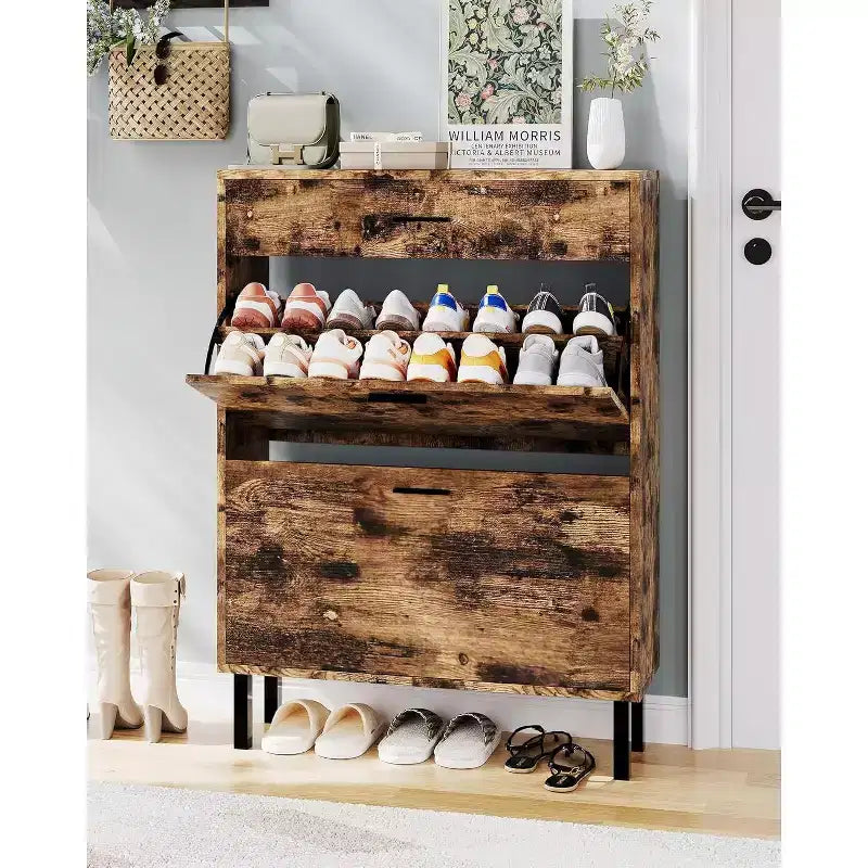 Garvee Narrow Shoe Cabinet Storage for Entryway, Dual Flip Drawers, Freestanding Shoe Organizer Wooden, Shoe Rack Storage Adjustable Shelves