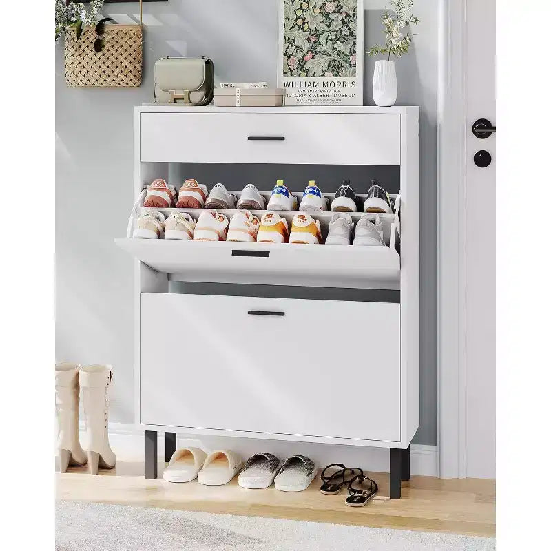 Garvee Narrow Shoe Cabinet Storage for Entryway, Dual Flip Drawers, Freestanding Shoe Organizer Wooden, Shoe Rack Storage Adjustable Shelves