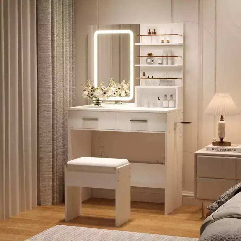 GustoWave Contemporary Vanity Desk with Mirror and Lights, Makeup Vanity Table with Drawers and Shelves, Cabinet and Cushioned Stool