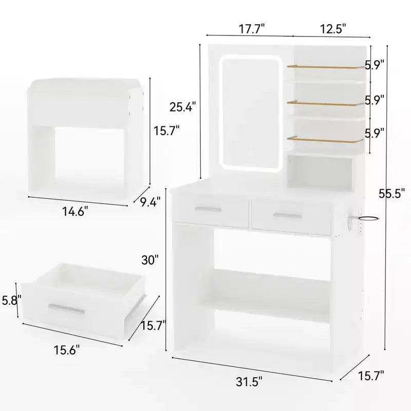 GustoWave Contemporary Vanity Desk with Mirror and Lights, Makeup Vanity Table with Drawers and Shelves, Cabinet and Cushioned Stool