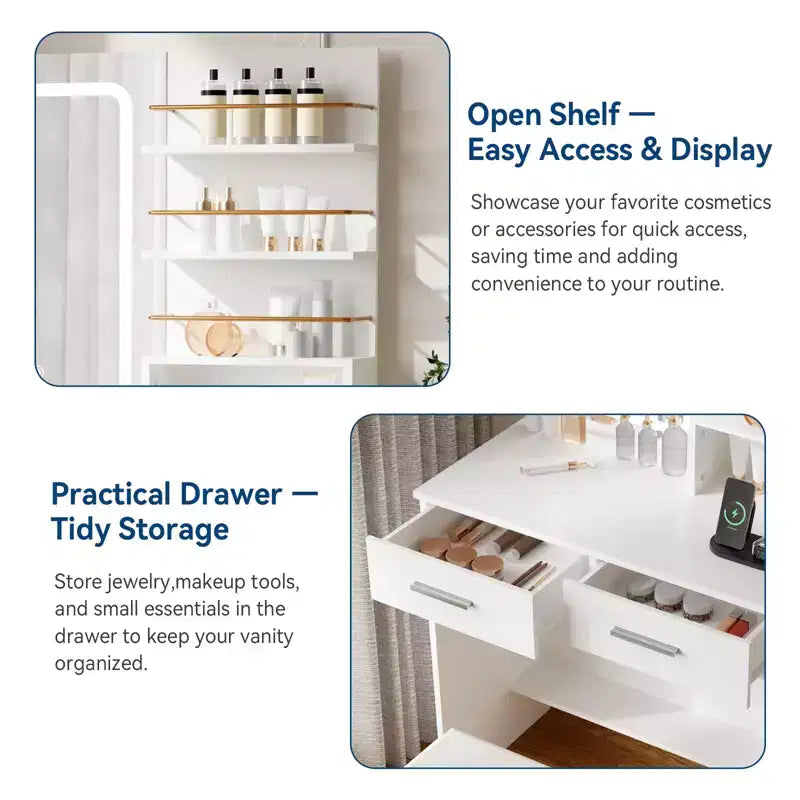 GustoWave Contemporary Vanity Desk with Mirror and Lights, Makeup Vanity Table with Drawers and Shelves, Cabinet and Cushioned Stool