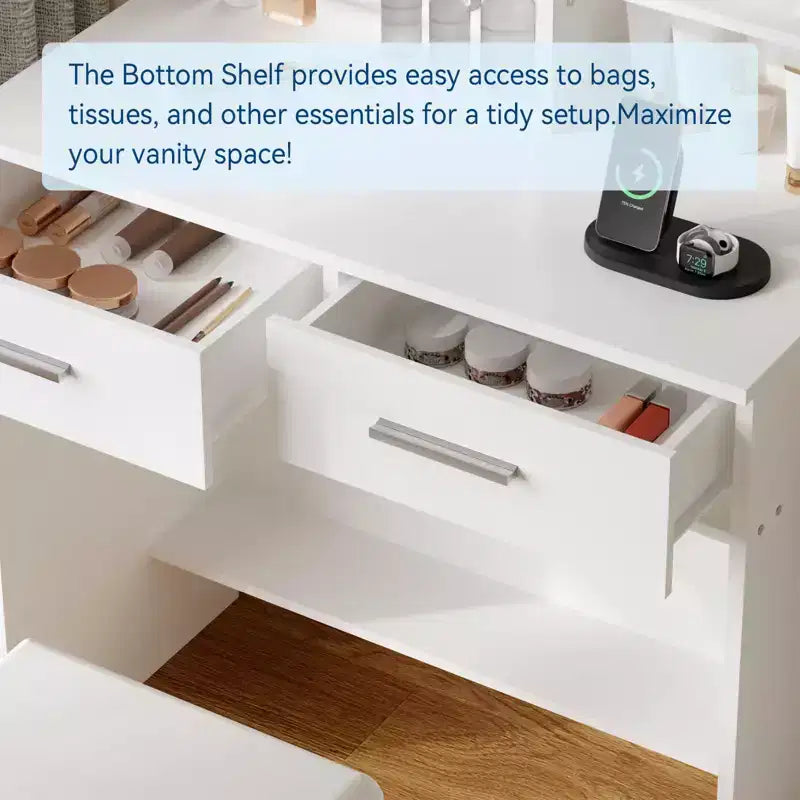 GustoWave Contemporary Vanity Desk with Mirror and Lights, Makeup Vanity Table with Drawers and Shelves, Cabinet and Cushioned Stool