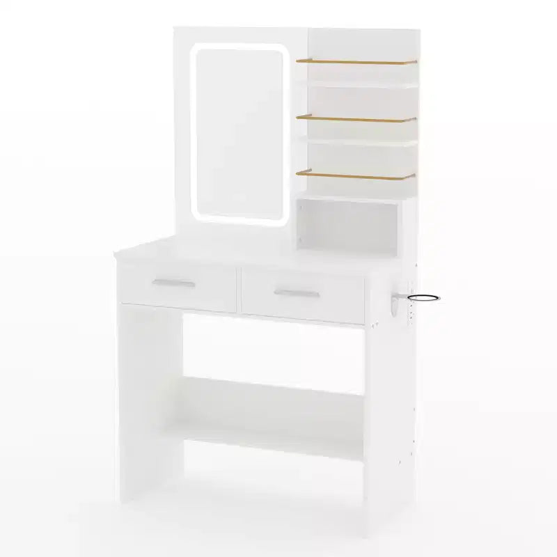 GustoWave Contemporary Vanity Desk with Mirror and Lights, Makeup Vanity Table with Drawers and Shelves, Cabinet and Cushioned Stool