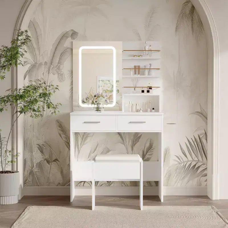 GustoWave Contemporary Vanity Desk with Mirror and Lights, Makeup Vanity Table with Drawers and Shelves, Cabinet and Cushioned Stool