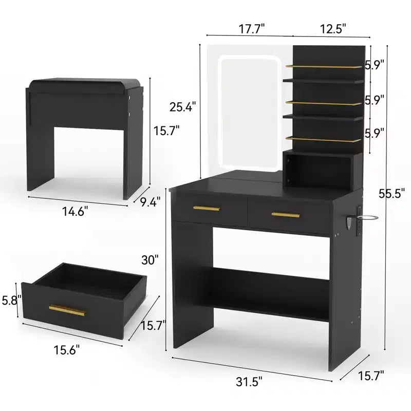 GustoWave Contemporary Vanity Desk with Mirror and Lights, Makeup Vanity Table with Drawers and Shelves, Cabinet and Cushioned Stool