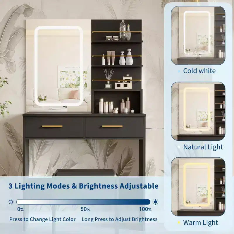 GustoWave Contemporary Vanity Desk with Mirror and Lights, Makeup Vanity Table with Drawers and Shelves, Cabinet and Cushioned Stool
