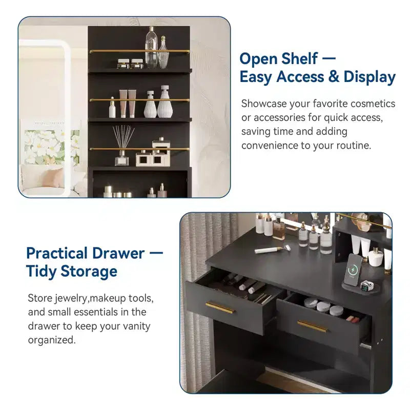 GustoWave Contemporary Vanity Desk with Mirror and Lights, Makeup Vanity Table with Drawers and Shelves, Cabinet and Cushioned Stool