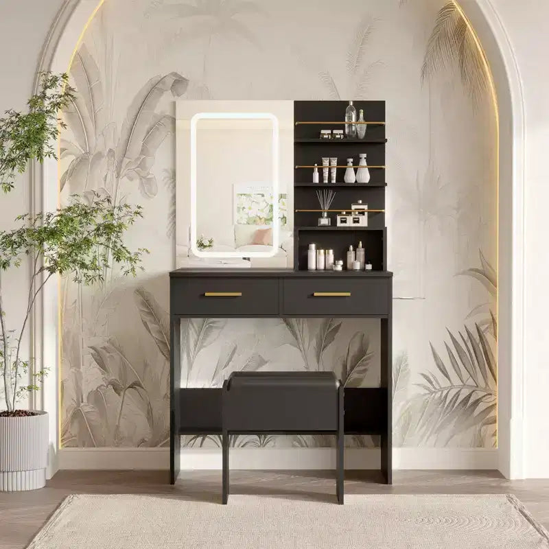GustoWave Contemporary Vanity Desk with Mirror and Lights, Makeup Vanity Table with Drawers and Shelves, Cabinet and Cushioned Stool