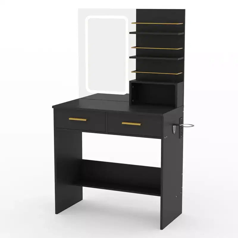 GustoWave Contemporary Vanity Desk with Mirror and Lights, Makeup Vanity Table with Drawers and Shelves, Cabinet and Cushioned Stool