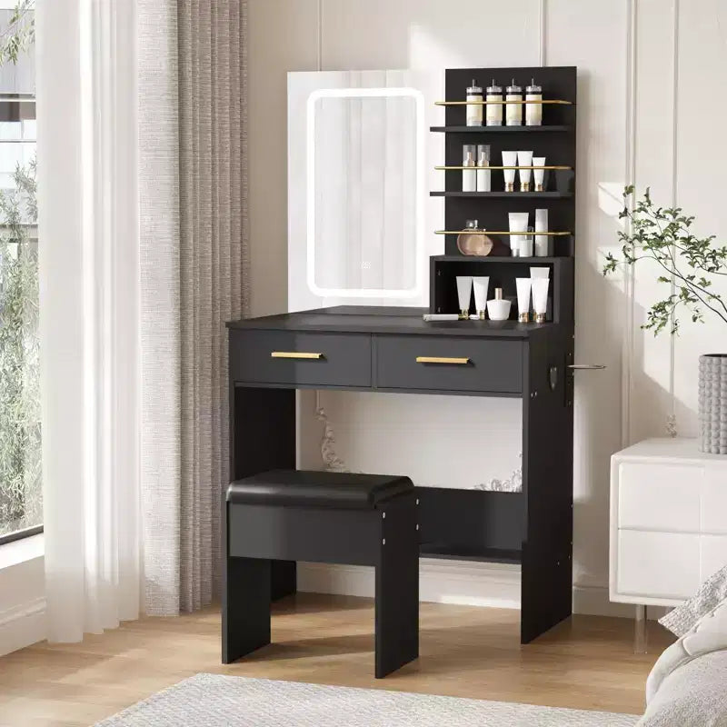 GustoWave Contemporary Vanity Desk with Mirror and Lights, Makeup Vanity Table with Drawers and Shelves, Cabinet and Cushioned Stool