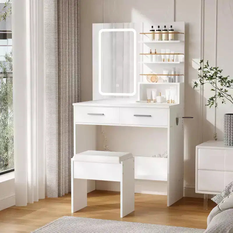 GustoWave Contemporary Vanity Desk with Mirror and Lights, Makeup Vanity Table with Drawers and Shelves, Cabinet and Cushioned Stool