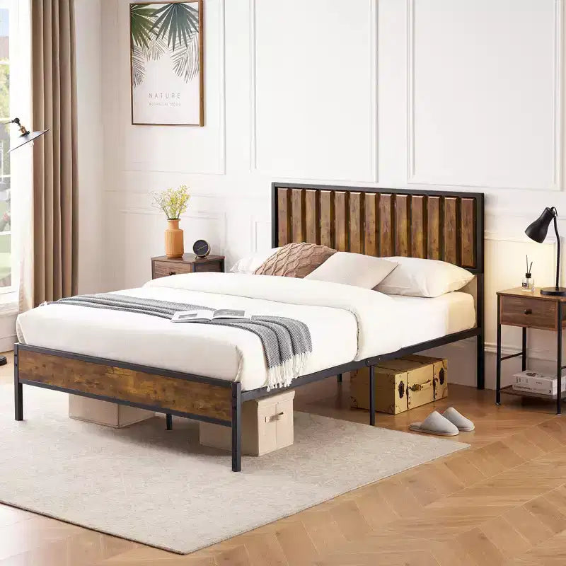 Metal Bed Frame with Headboard, Heavy Duty Platform Bed with 12.6 Under Bed Storage, No Box Spring Needed, Brown