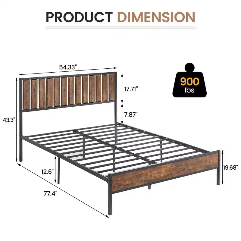 Metal Bed Frame with Headboard, Heavy Duty Platform Bed with 12.6 Under Bed Storage, No Box Spring Needed, Brown