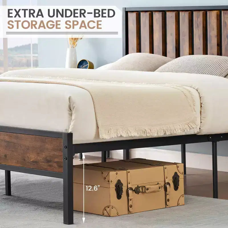 Metal Bed Frame with Headboard, Heavy Duty Platform Bed with 12.6 Under Bed Storage, No Box Spring Needed, Brown