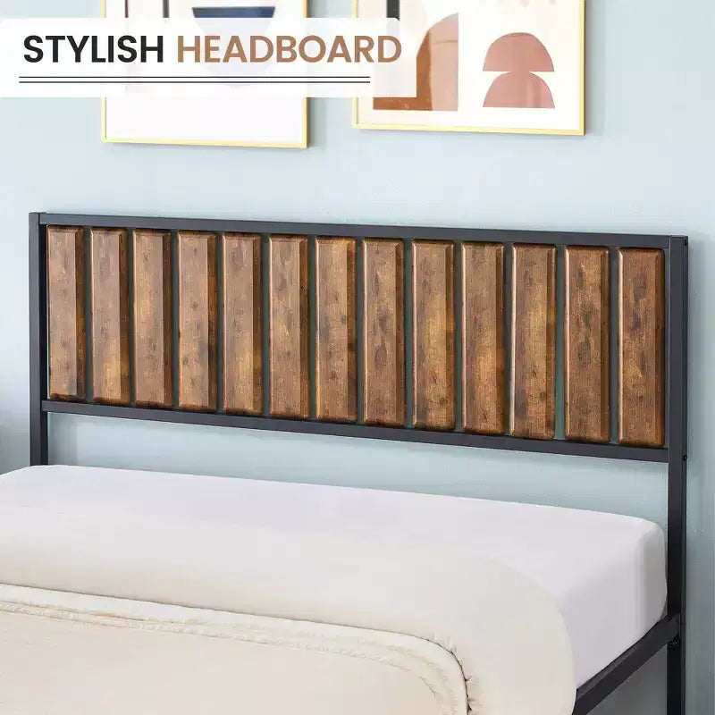 Metal Bed Frame with Headboard, Heavy Duty Platform Bed with 12.6 Under Bed Storage, No Box Spring Needed, Brown