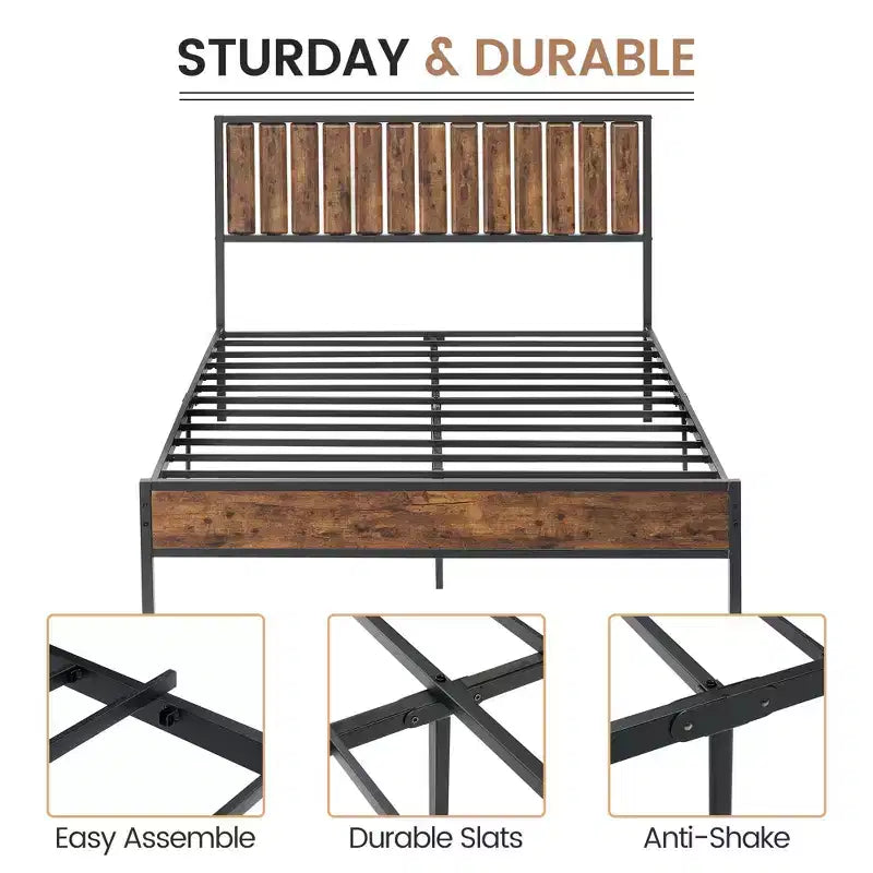 Metal Bed Frame with Headboard, Heavy Duty Platform Bed with 12.6 Under Bed Storage, No Box Spring Needed, Brown