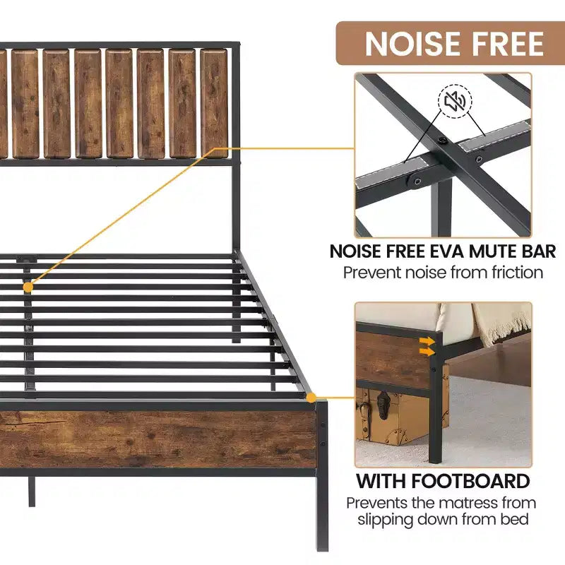Metal Bed Frame with Headboard, Heavy Duty Platform Bed with 12.6 Under Bed Storage, No Box Spring Needed, Brown
