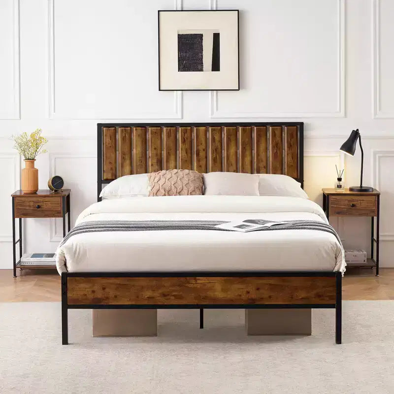 Metal Bed Frame with Headboard, Heavy Duty Platform Bed with 12.6 Under Bed Storage, No Box Spring Needed, Brown