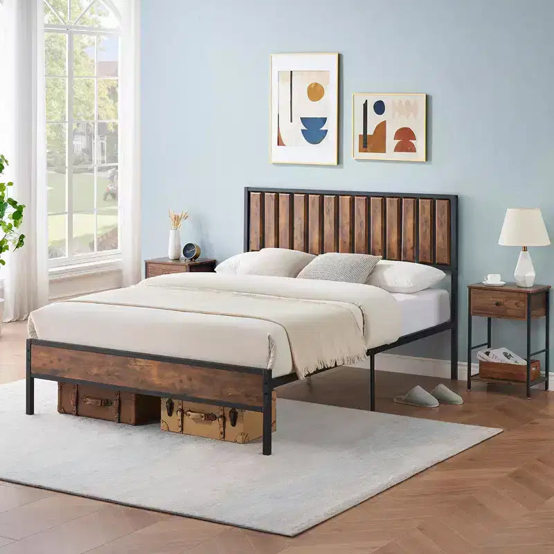 Metal Bed Frame with Headboard, Heavy Duty Platform Bed with 12.6 Under Bed Storage, No Box Spring Needed, Brown