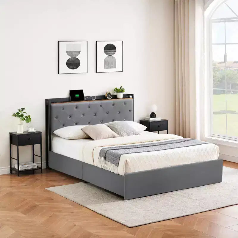 Upholstered Bed Frame with Storage Drawers, Velvet Platform Bed with Charging Station & Headboard Shelf, No Box Spring Needed, Grey