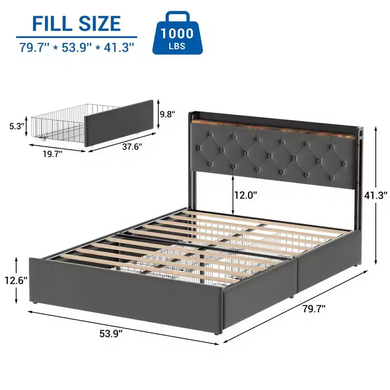 Upholstered Bed Frame with Storage Drawers, Velvet Platform Bed with Charging Station & Headboard Shelf, No Box Spring Needed, Grey