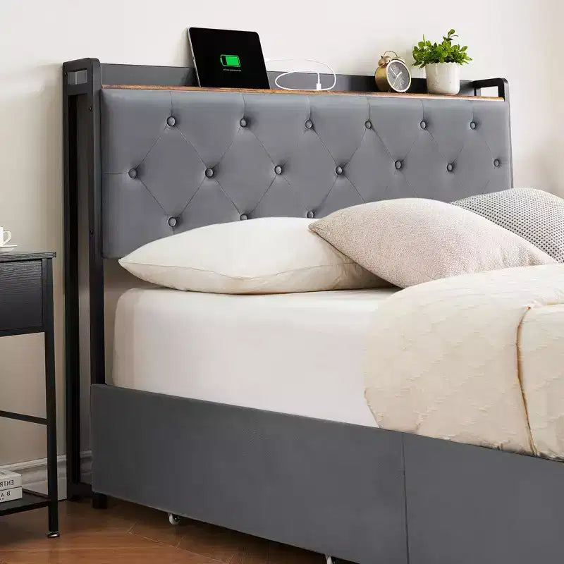 Upholstered Bed Frame with Storage Drawers, Velvet Platform Bed with Charging Station & Headboard Shelf, No Box Spring Needed, Grey