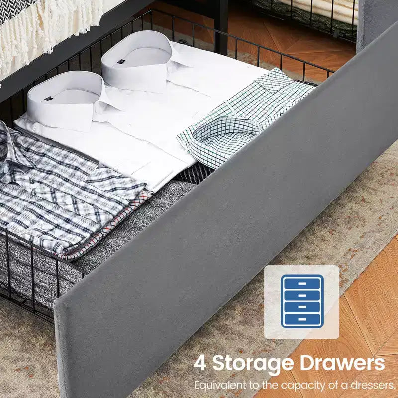 Upholstered Bed Frame with Storage Drawers, Velvet Platform Bed with Charging Station & Headboard Shelf, No Box Spring Needed, Grey