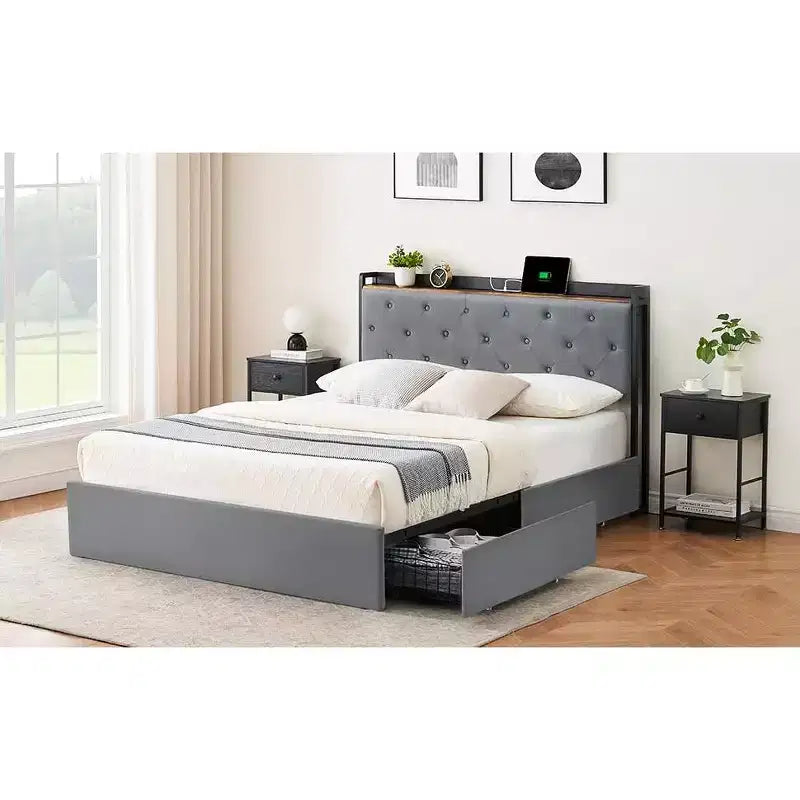 Upholstered Bed Frame with Storage Drawers, Velvet Platform Bed with Charging Station & Headboard Shelf, No Box Spring Needed, Grey