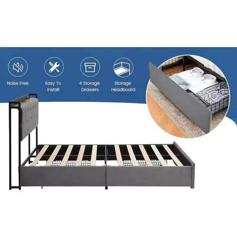 Upholstered Bed Frame with Storage Drawers, Velvet Platform Bed with Charging Station & Headboard Shelf, No Box Spring Needed, Grey