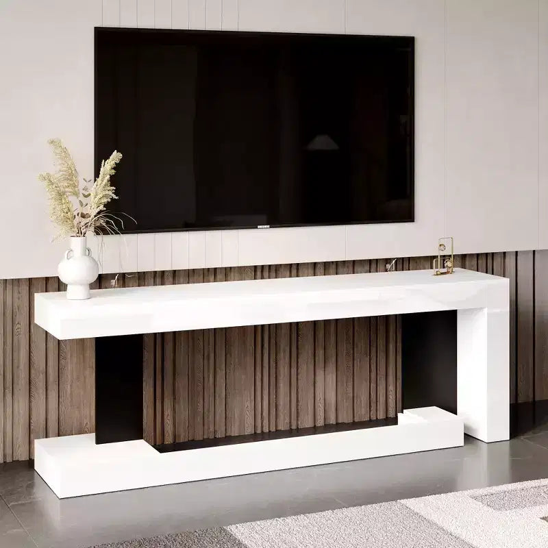 Famapy White Geometric Black-White TV Stand with Spacious Top,Modern Living Room Media Console,Floating TV Shelf,Stylish & Functional