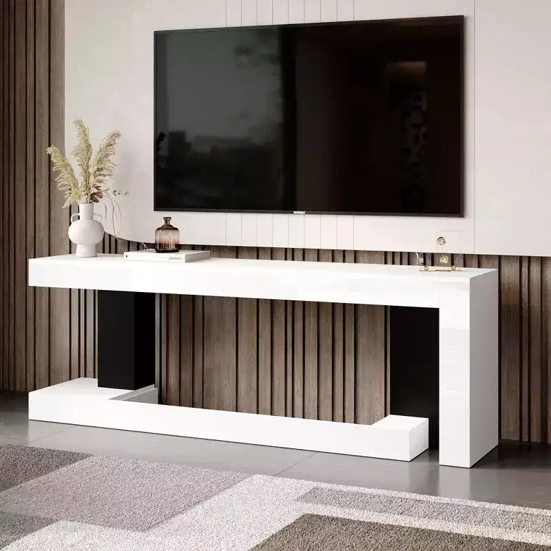 Famapy White Geometric Black-White TV Stand with Spacious Top,Modern Living Room Media Console,Floating TV Shelf,Stylish & Functional