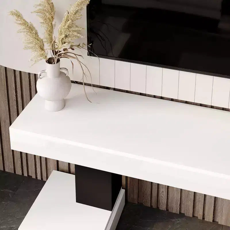 Famapy White Geometric Black-White TV Stand with Spacious Top,Modern Living Room Media Console,Floating TV Shelf,Stylish & Functional