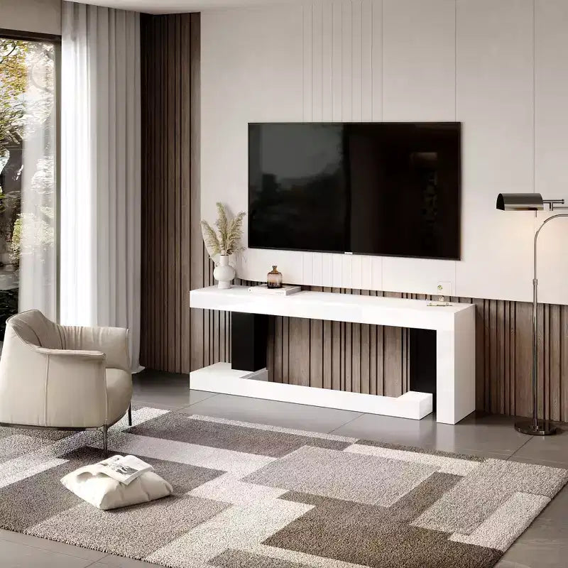 Famapy White Geometric Black-White TV Stand with Spacious Top,Modern Living Room Media Console,Floating TV Shelf,Stylish & Functional