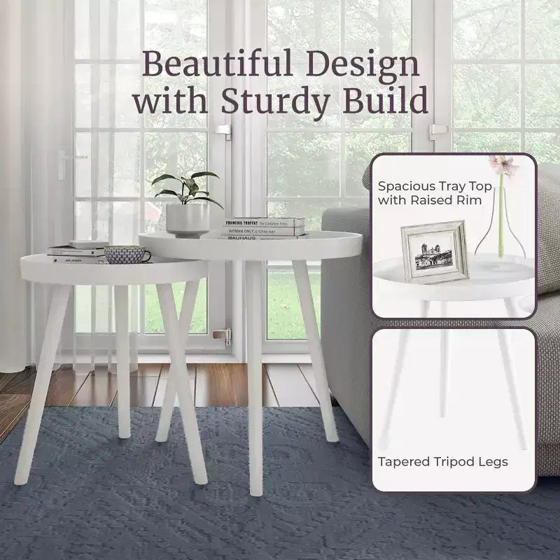Lavish Home Set of 2 Nesting Side Tables, Mid-Century End Table Set with Tray Tops, Round Accent Tables for Living Room, Bedroom or Home Office