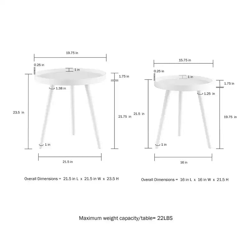 Lavish Home Set of 2 Nesting Side Tables, Mid-Century End Table Set with Tray Tops, Round Accent Tables for Living Room, Bedroom or Home Office