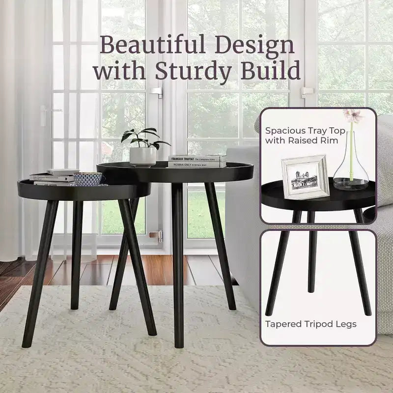 Lavish Home Set of 2 Nesting Side Tables, Mid-Century End Table Set with Tray Tops, Round Accent Tables for Living Room, Bedroom or Home Office