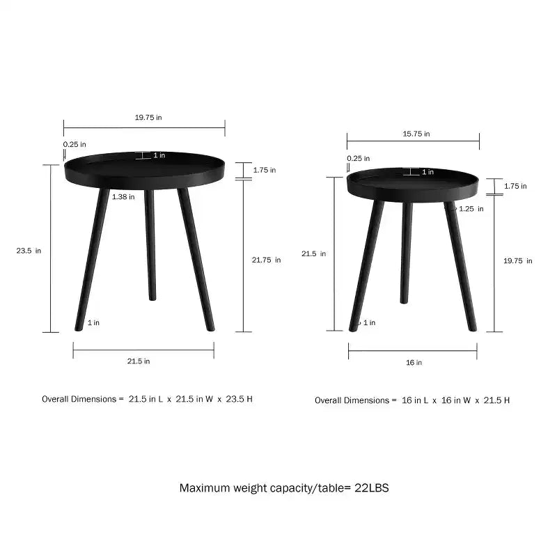 Lavish Home Set of 2 Nesting Side Tables, Mid-Century End Table Set with Tray Tops, Round Accent Tables for Living Room, Bedroom or Home Office