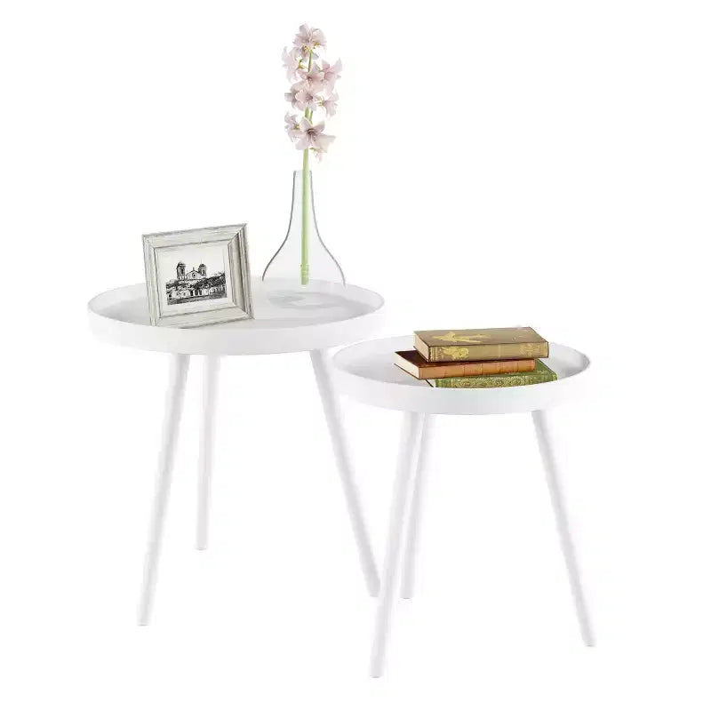 Lavish Home Set of 2 Nesting Side Tables, Mid-Century End Table Set with Tray Tops, Round Accent Tables for Living Room, Bedroom or Home Office