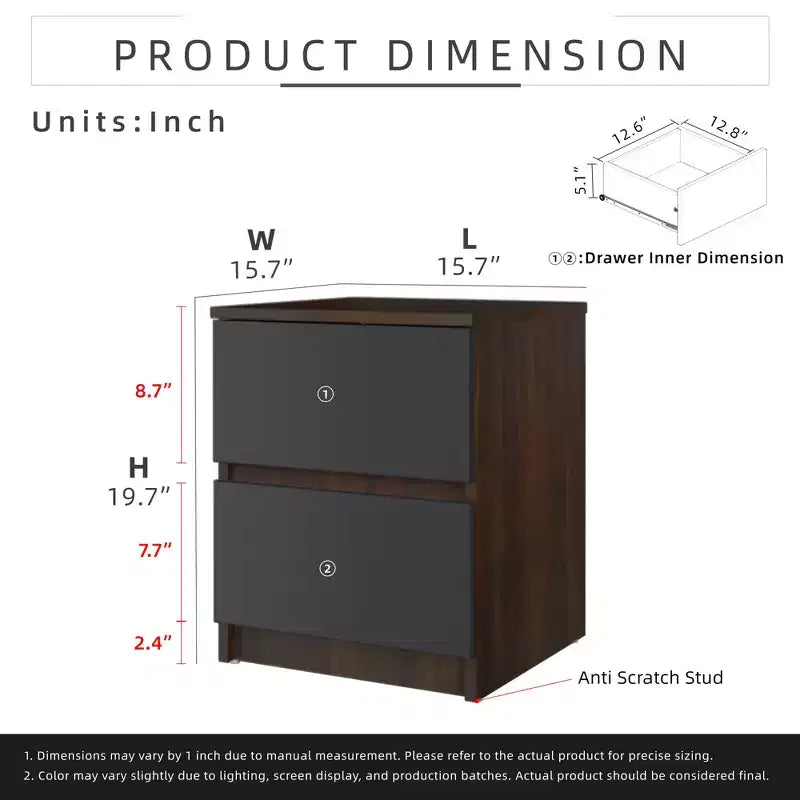 Homez 15.74 in. Rectangle Wood End Table with 2 Drawers