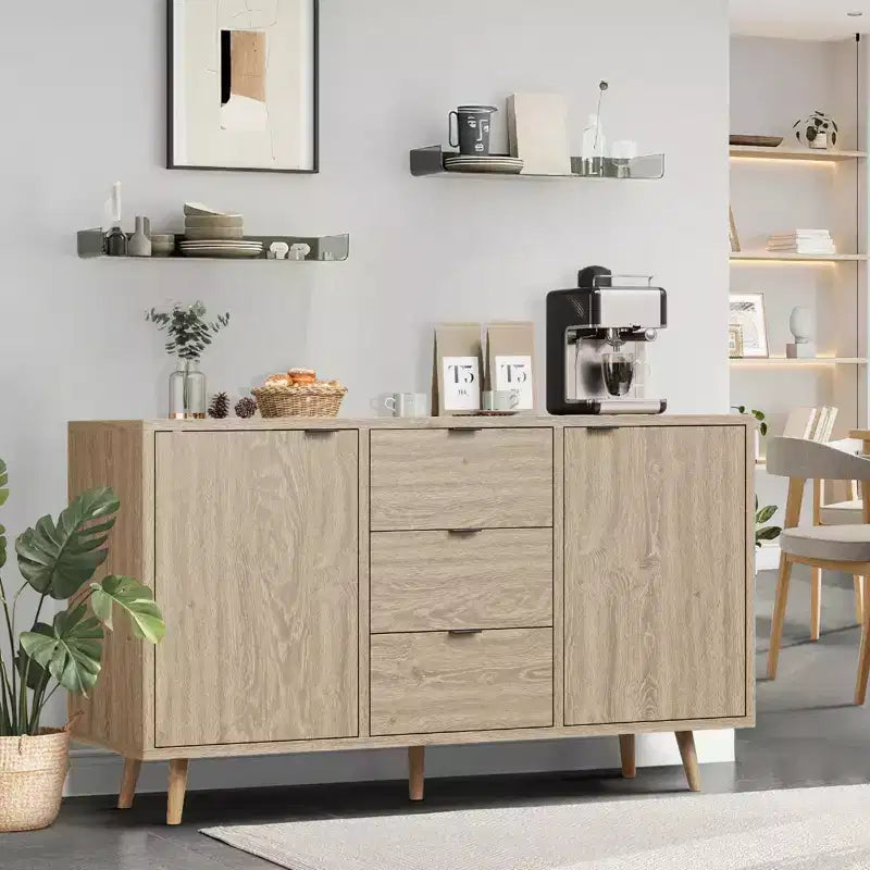 Modern sideboard with adjustable shelves, spacious dining cabinet featuring 3 drawers, mid-century modern TV stand suitable for living rooms