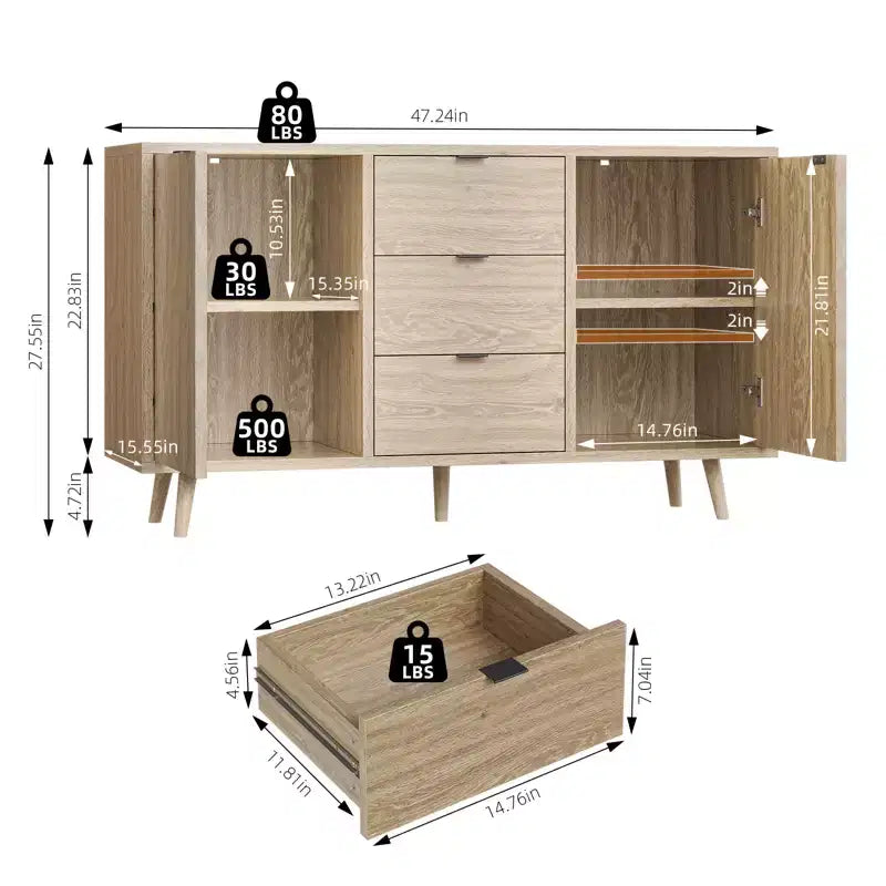 Modern sideboard with adjustable shelves, spacious dining cabinet featuring 3 drawers, mid-century modern TV stand suitable for living rooms