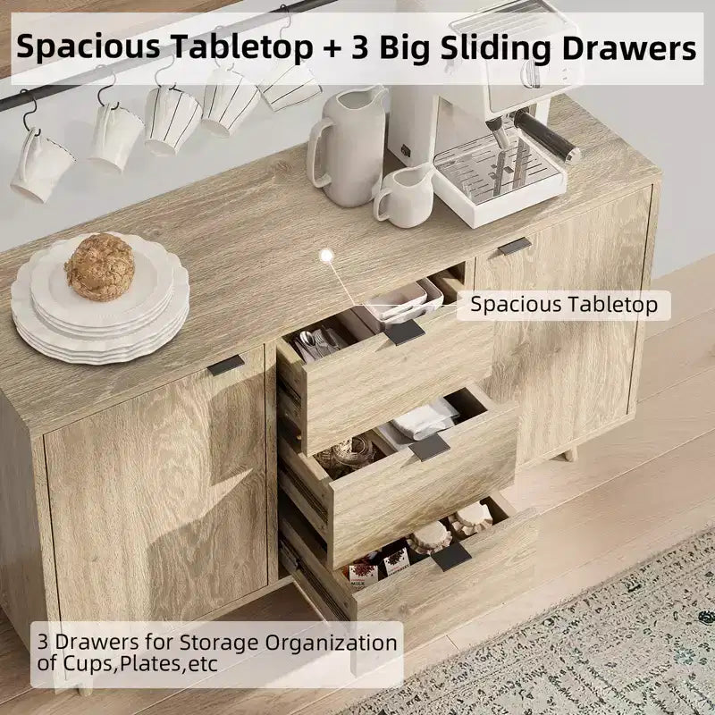 Modern sideboard with adjustable shelves, spacious dining cabinet featuring 3 drawers, mid-century modern TV stand suitable for living rooms