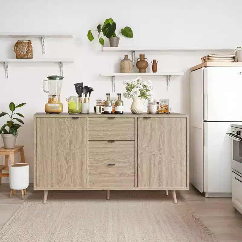 Modern sideboard with adjustable shelves, spacious dining cabinet featuring 3 drawers, mid-century modern TV stand suitable for living rooms