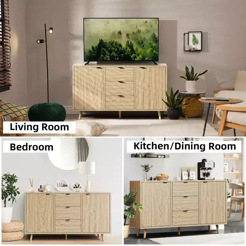 Modern sideboard with adjustable shelves, spacious dining cabinet featuring 3 drawers, mid-century modern TV stand suitable for living rooms