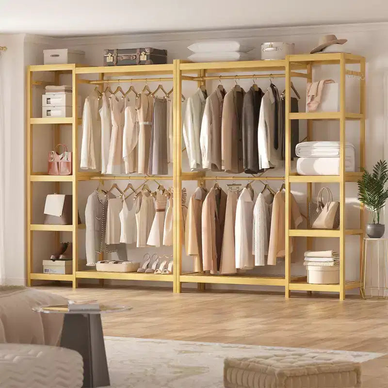 Besiost Bamboo Garment Rack with Tower Shelves, Freestanding Closet Organizer System with Hanging Rods