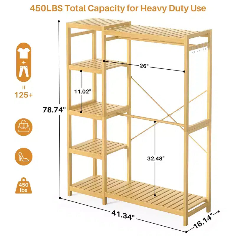 Besiost Bamboo Garment Rack with Tower Shelves, Freestanding Closet Organizer System with Hanging Rods