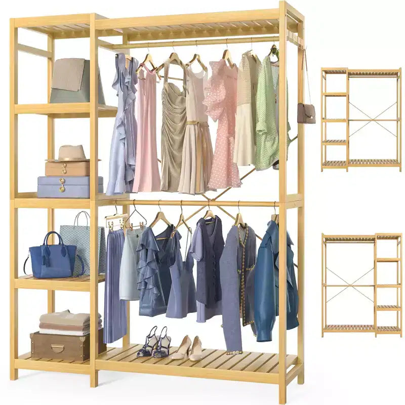 Besiost Bamboo Garment Rack with Tower Shelves, Freestanding Closet Organizer System with Hanging Rods