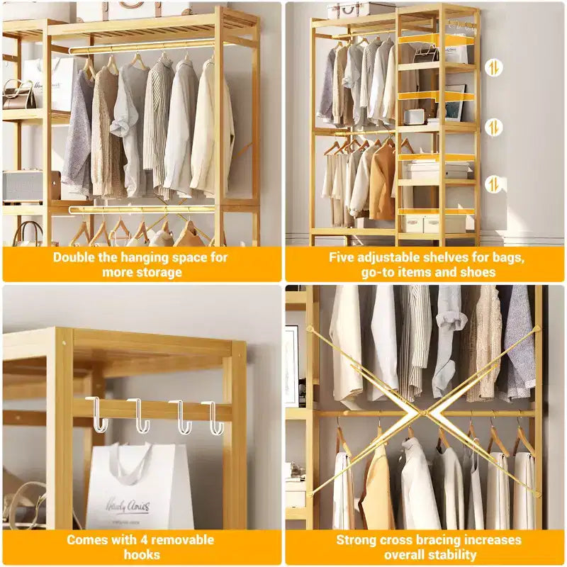 Besiost Bamboo Garment Rack with Tower Shelves, Freestanding Closet Organizer System with Hanging Rods